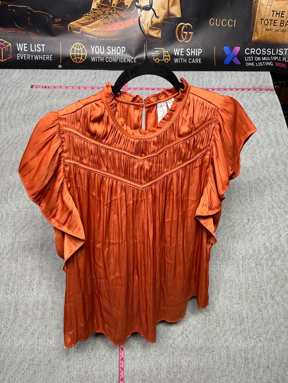 Joie Women's Medium Orange Satin Ruffle Sleeve Blouse